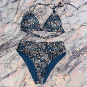 High-Waist Star Celestial Print Blue Bikini Set B.Swim